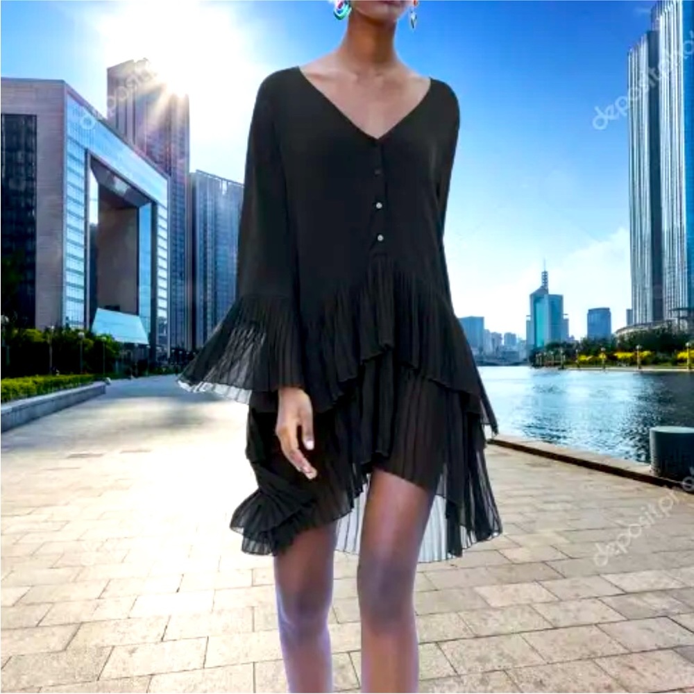 Zara Tiered Chiffon Tunic/Mini Dress, Black, Sz L, EUC